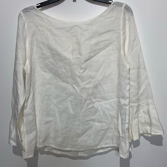 Women's Cream 100% Linen Boat Neck Bell Long Sleeve Bow Tie Blouse Medium - Picture 1 of 7